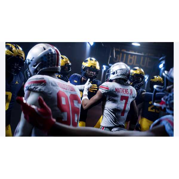 College football players in a huddle during a game.
