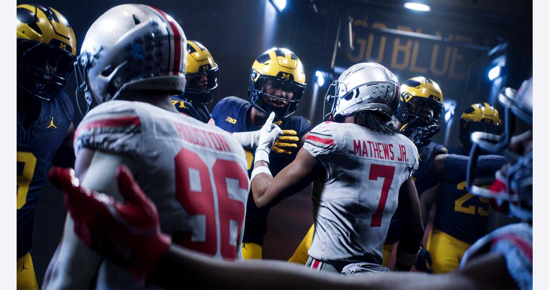 College football players in a huddle during a game.
