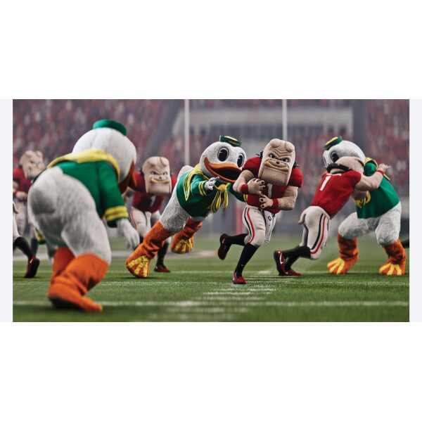 College football mascots running on the field during a game.