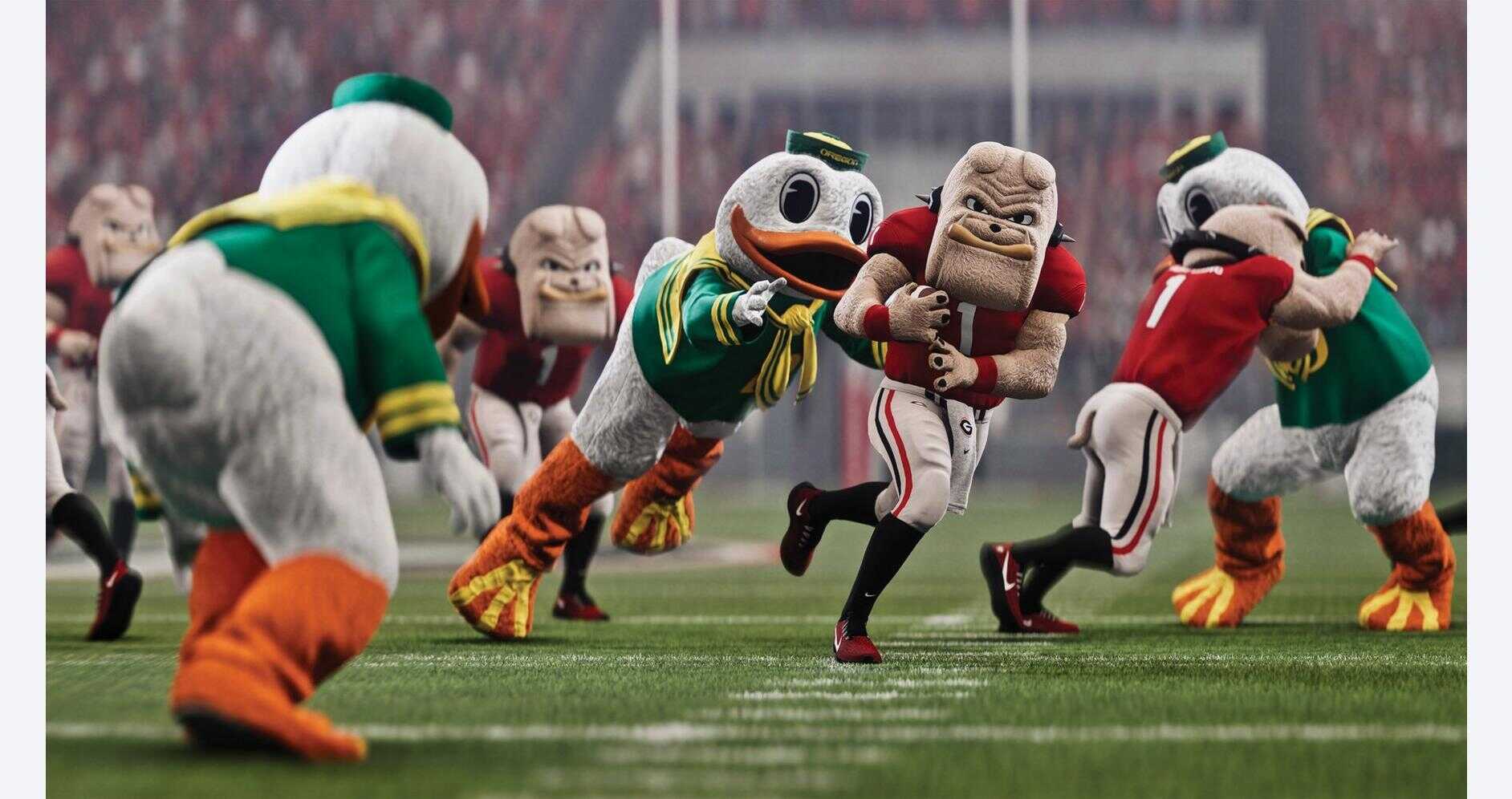 College football mascots running on the field during a game.