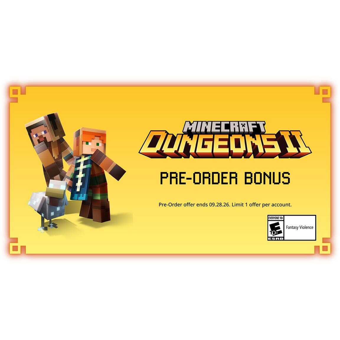 Minecraft Dungeons II pre-order bonus image with characters and game logo.
