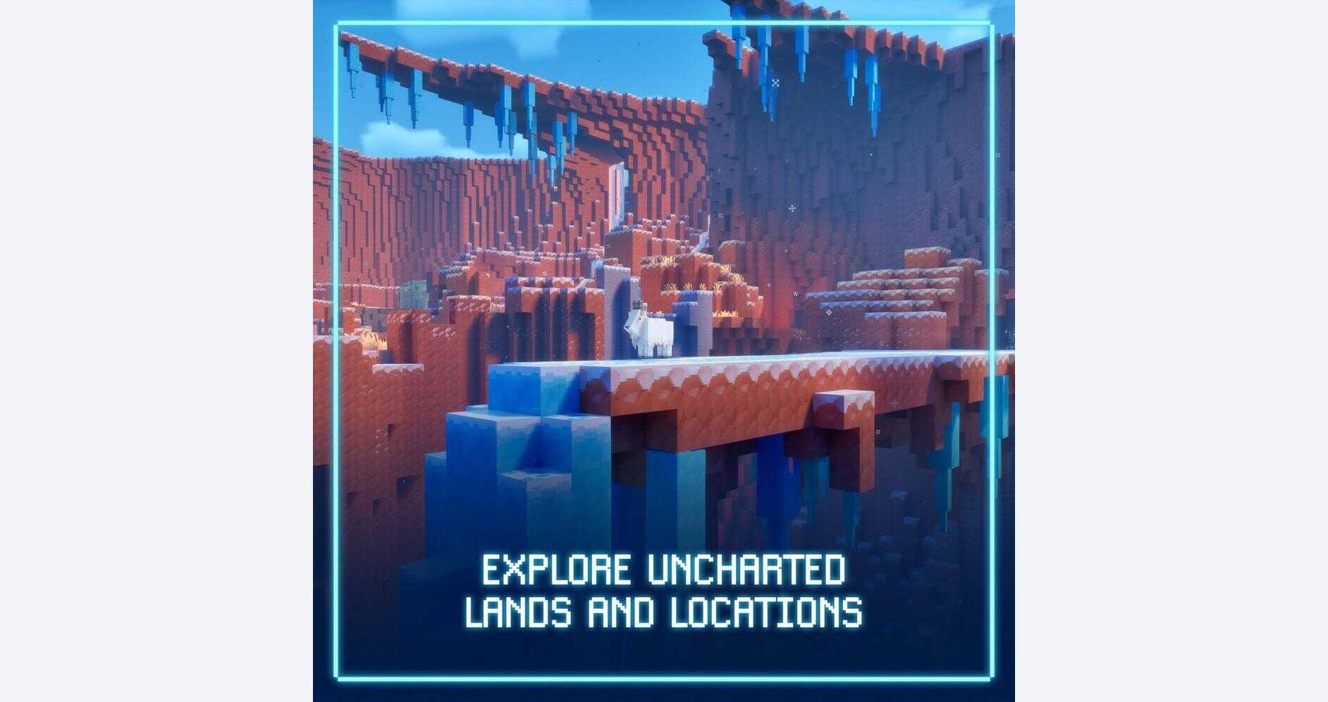 Blocky landscape from Minecraft Dungeons II with mountains and bridges.