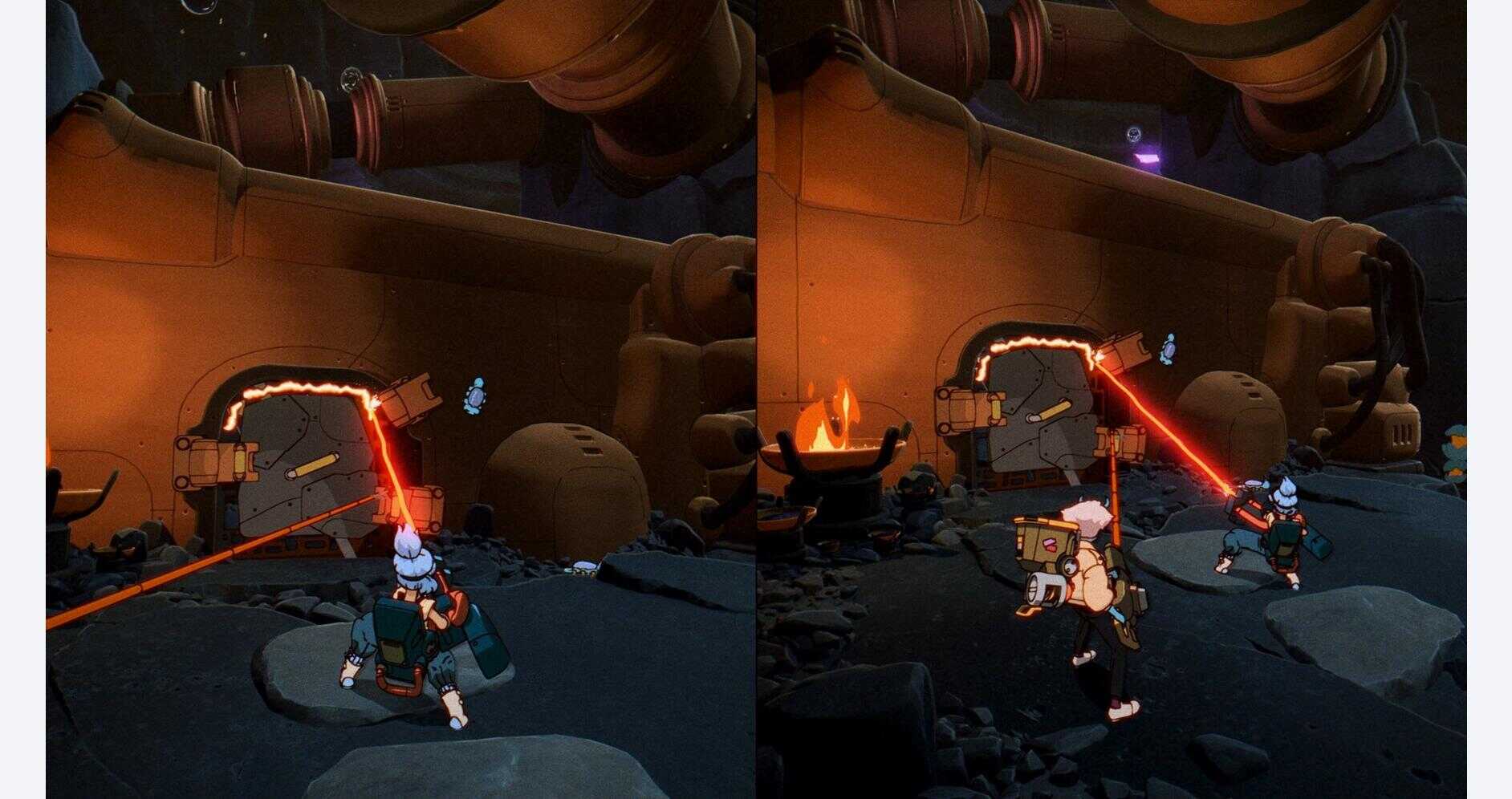 Gameplay scene from Gameware Orbitals showing laser attack and character.