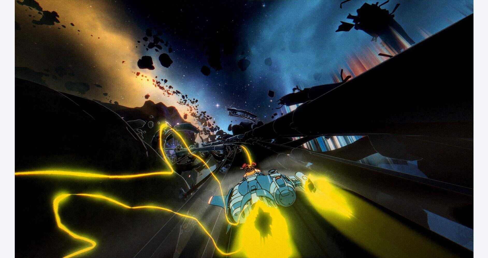 Futuristic space battle with spacecraft and energy beams in orbit.
