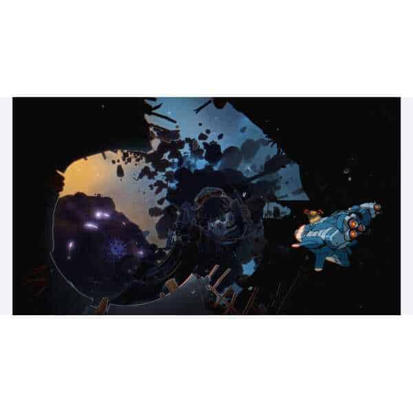Futuristic space scene with astronauts and spacecraft from Orbitals gameware.
