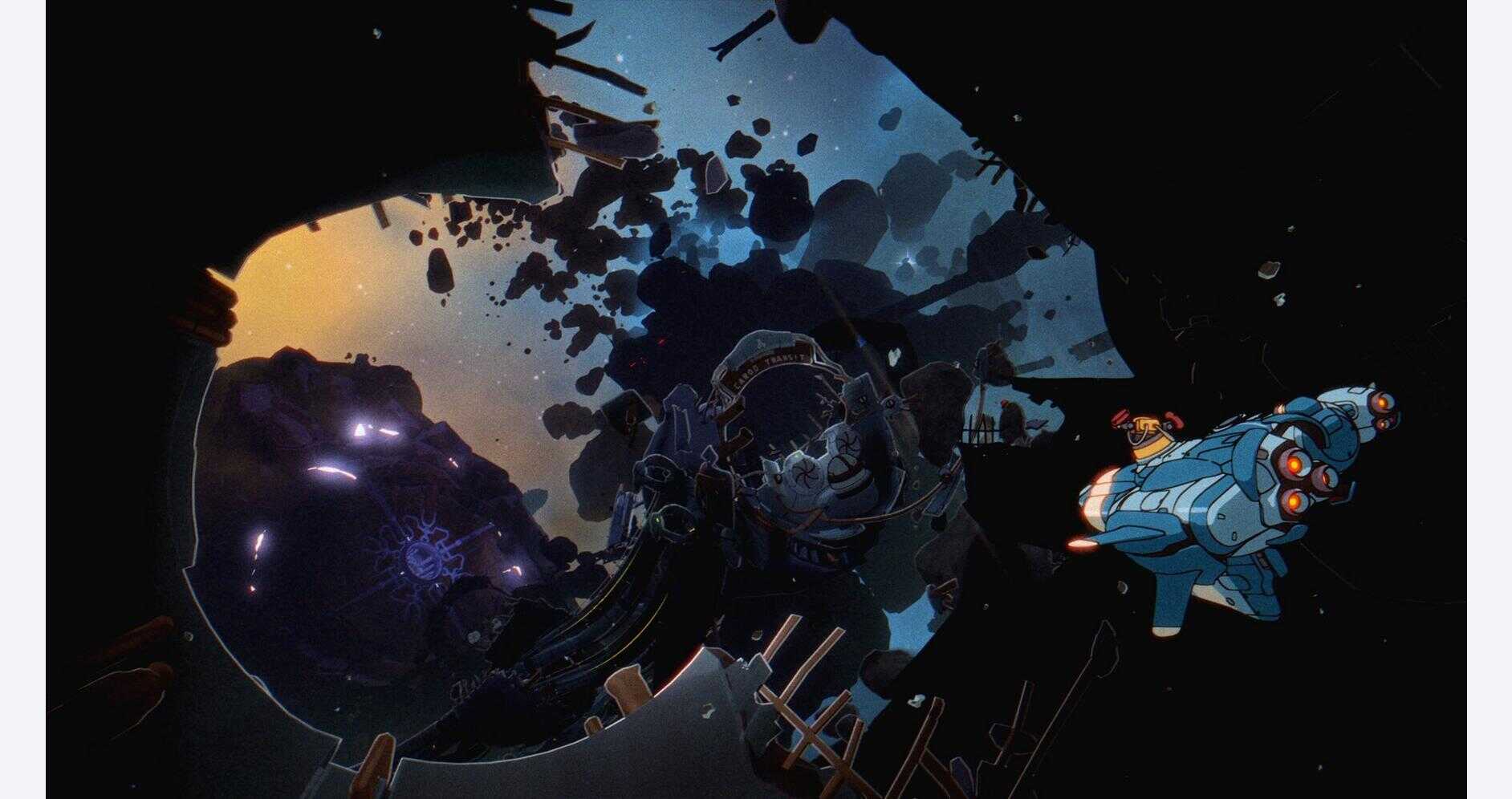 Futuristic space scene with astronauts and spacecraft from Orbitals gameware.