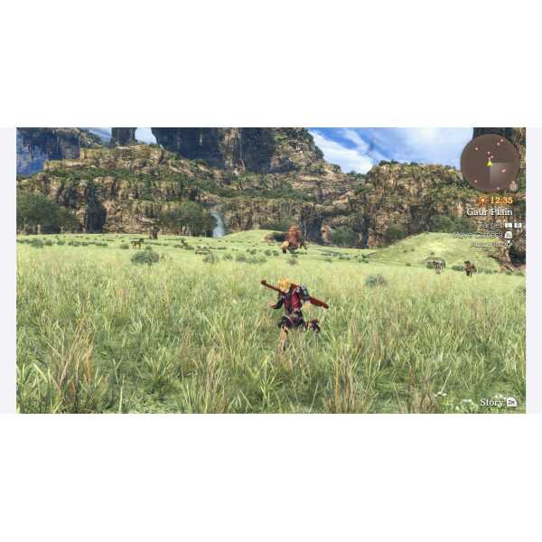 In-game scene from Xenoblade Chronicles: Definitive Edition with lush green fields and distant enemy.