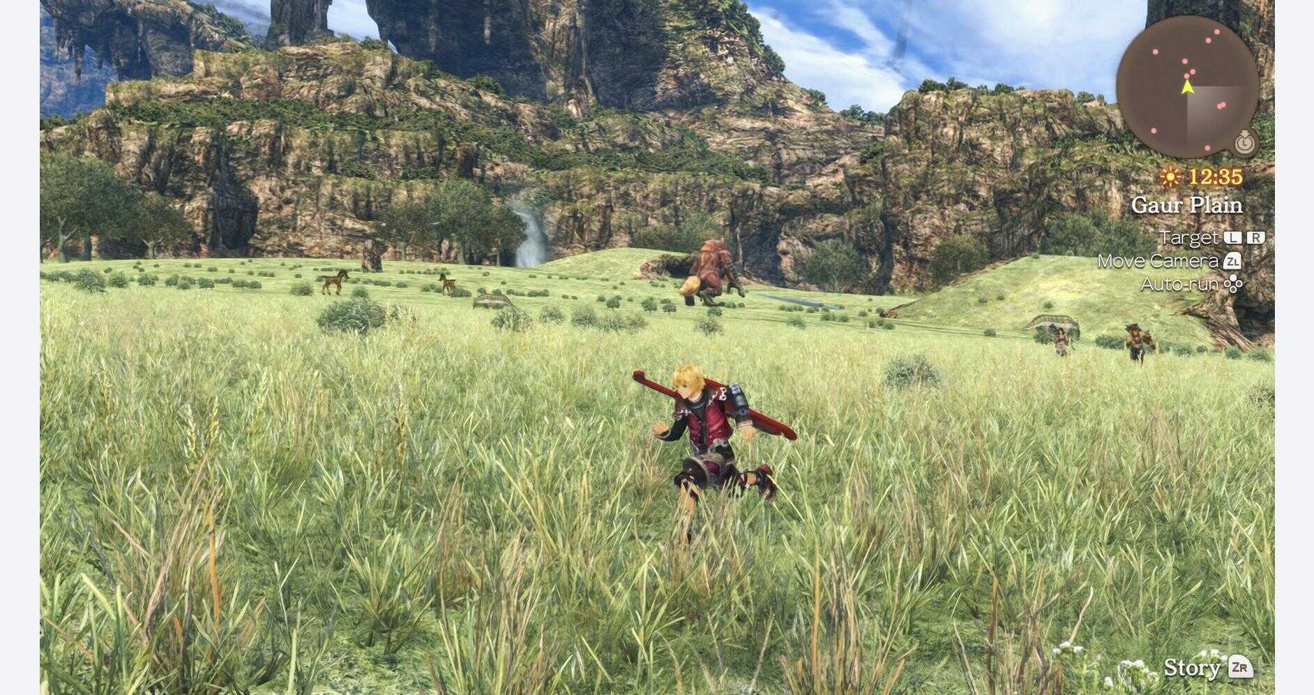 In-game scene from Xenoblade Chronicles: Definitive Edition with lush green fields and distant enemy.