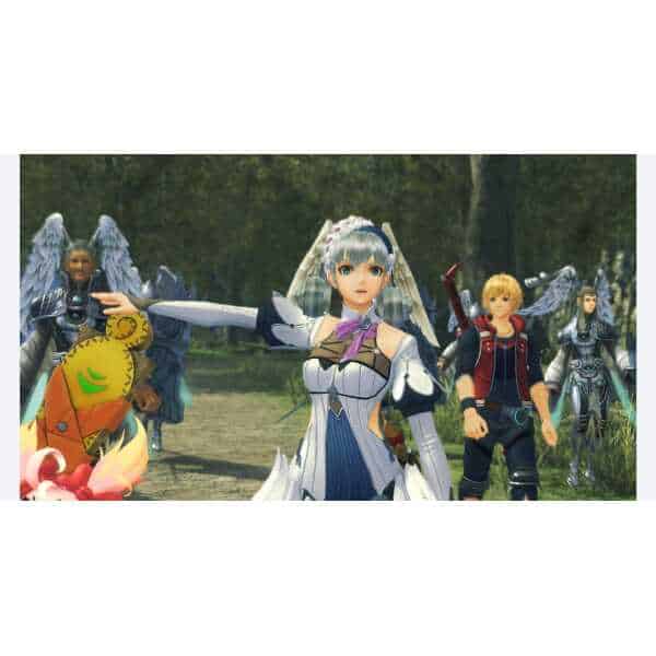 Gameplay scene from Xenoblade Chronicles: Definitive Edition with characters in a forest setting.