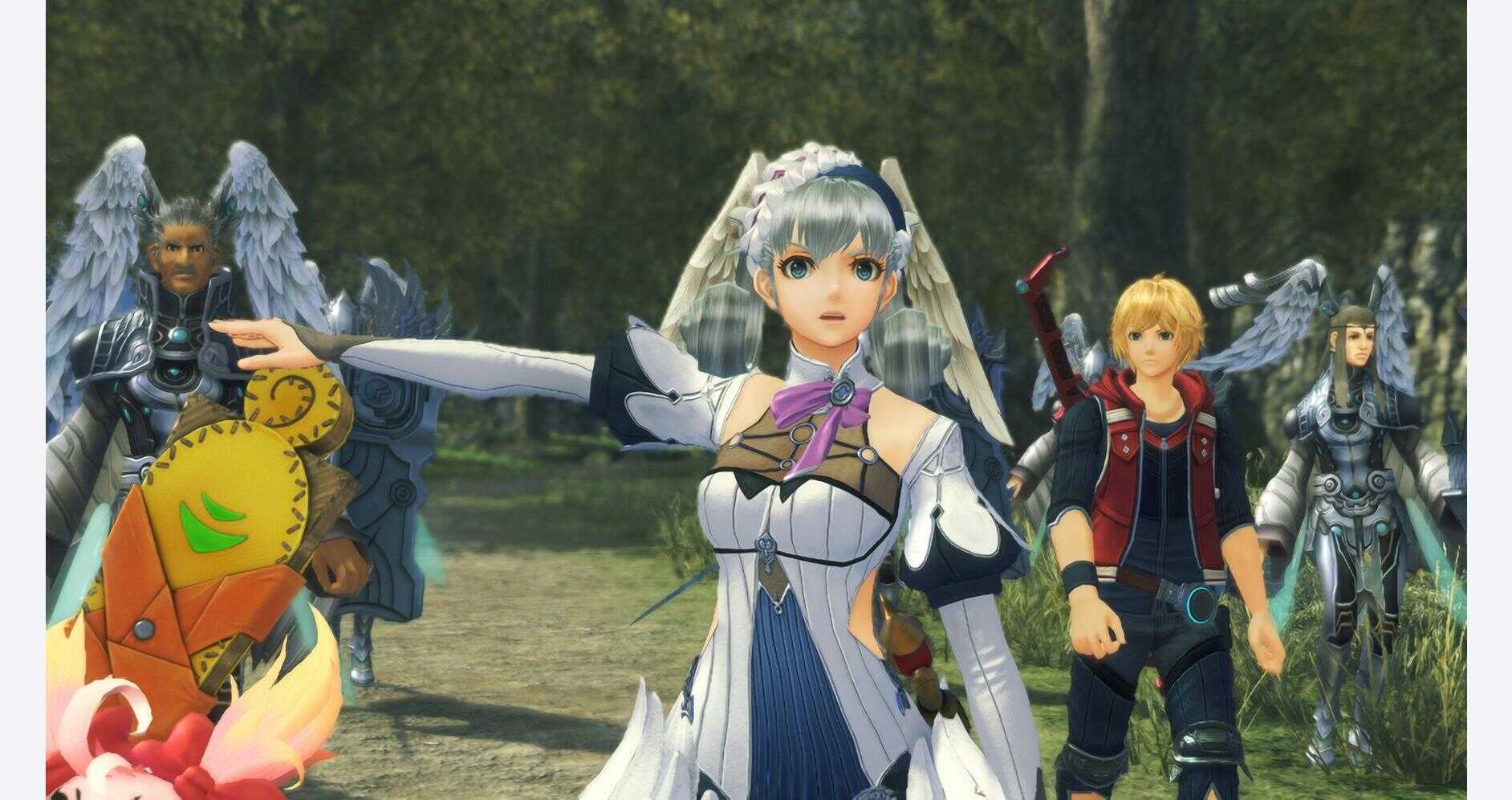 Gameplay scene from Xenoblade Chronicles: Definitive Edition with characters in a forest setting.