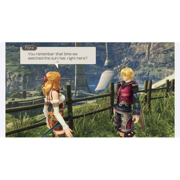 Fiora and Shulk talking near a scenic landscape in Xenoblade Chronicles.