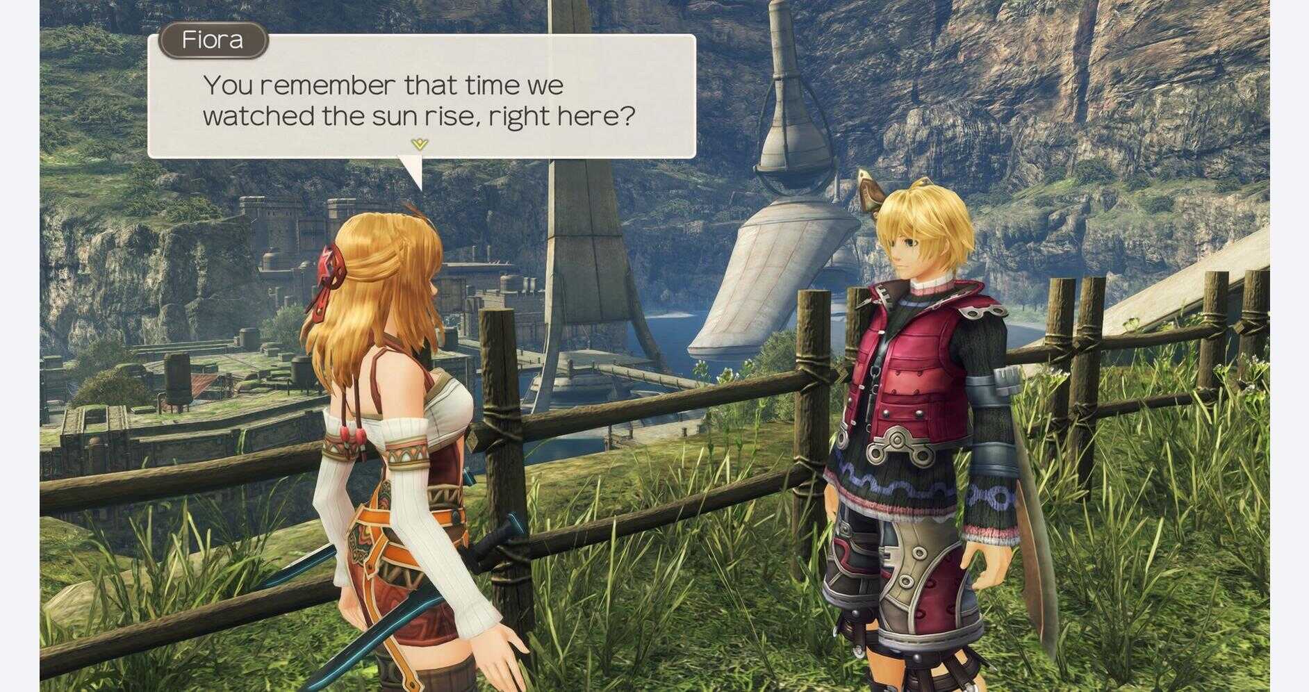 Fiora and Shulk talking near a scenic landscape in Xenoblade Chronicles.