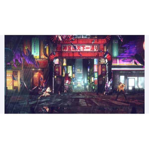 Futuristic neon-lit city street with characters and vibrant signs.