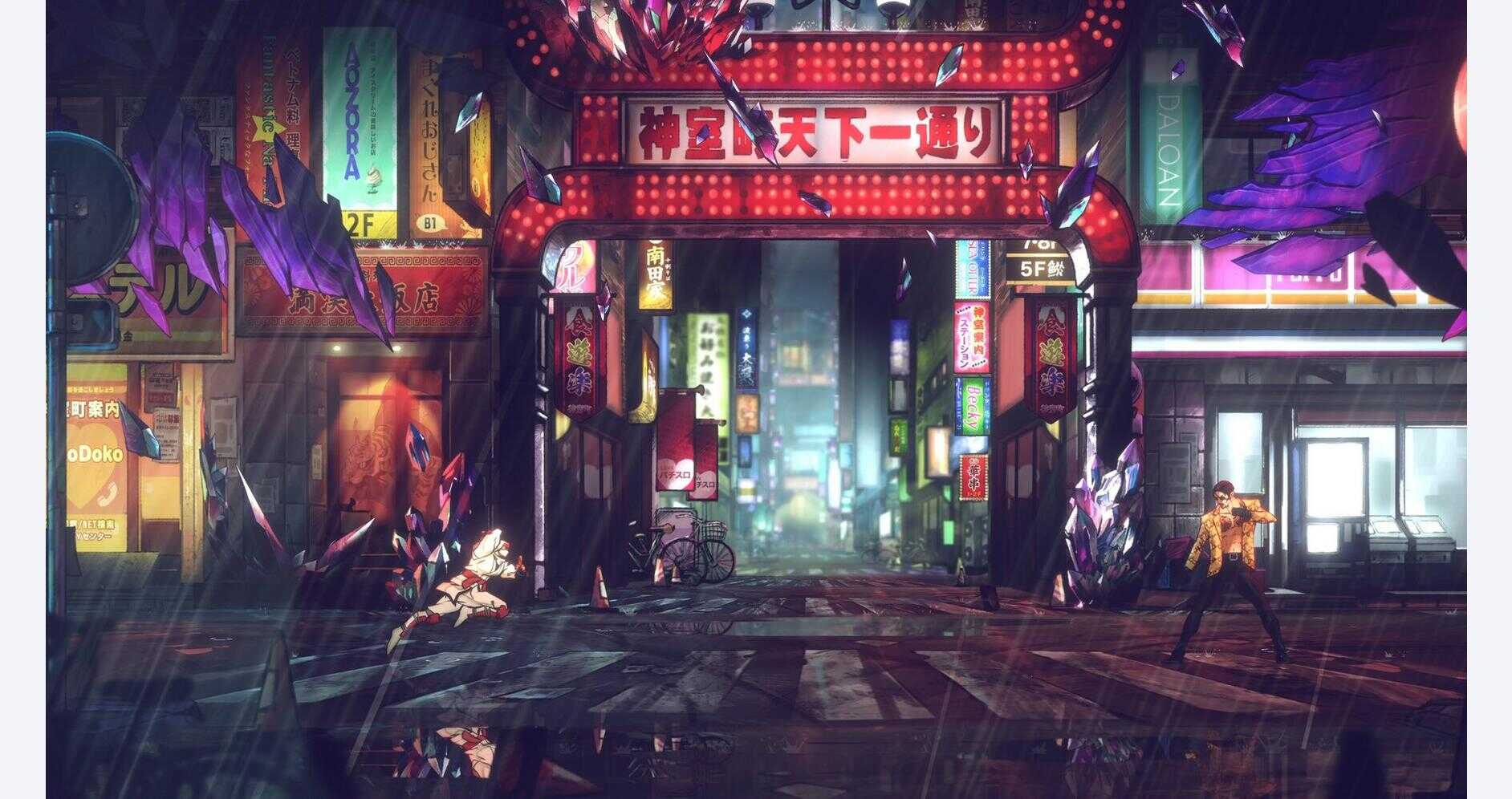 Futuristic neon-lit city street with characters and vibrant signs.