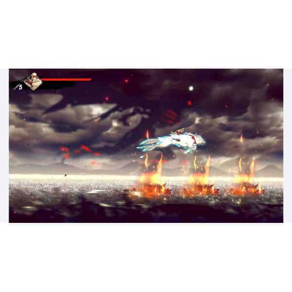 Futuristic flying creature over fiery battlefield in Shinobi game.