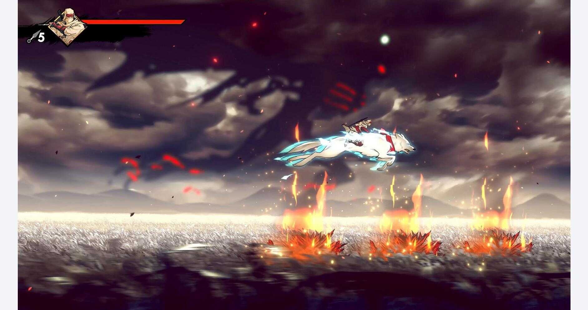 Futuristic flying creature over fiery battlefield in Shinobi game.