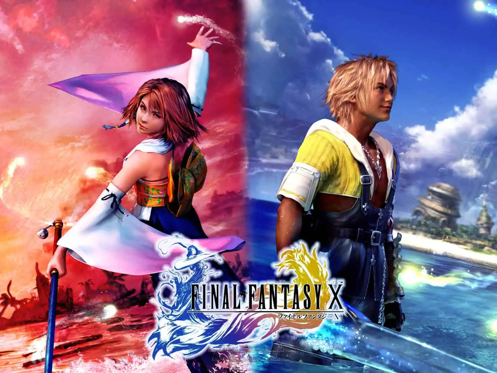 Artwork of Final Fantasy X characters with vibrant backgrounds.