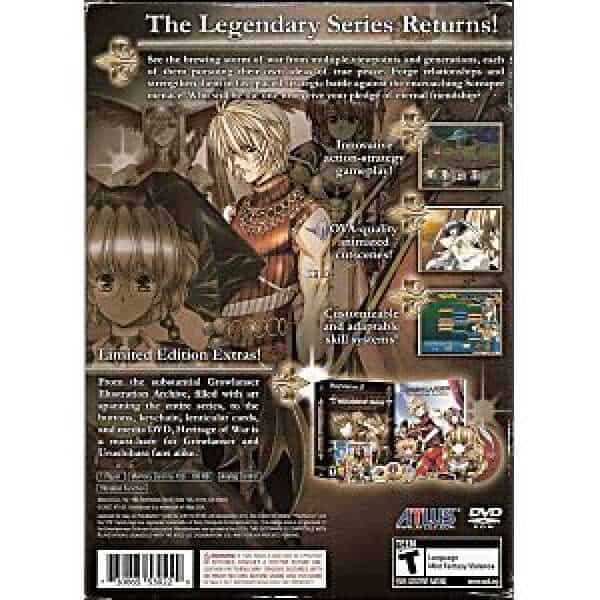 Growlanser Heritage of War game poster with characters and gameplay scenes.