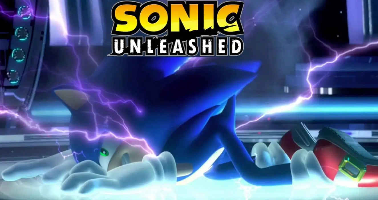 Sonic Unleashed game cover with lightning effects and Sonic in action.