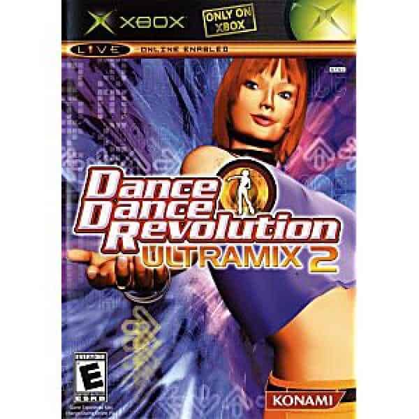 Dance Dance Revolution Ultramix 2 Xbox game cover with vibrant graphics and a female dancer.