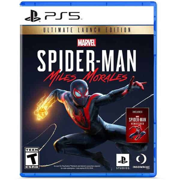 Marvel Spider-Man Miles Morales PS5 game cover with dynamic superhero pose.