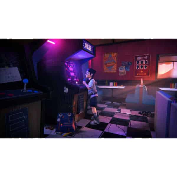Child playing arcade game in a retro-style arcade room.