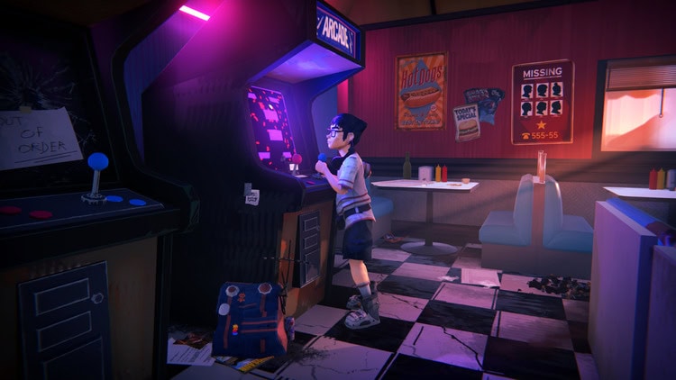 Child playing arcade game in a retro-style arcade room.