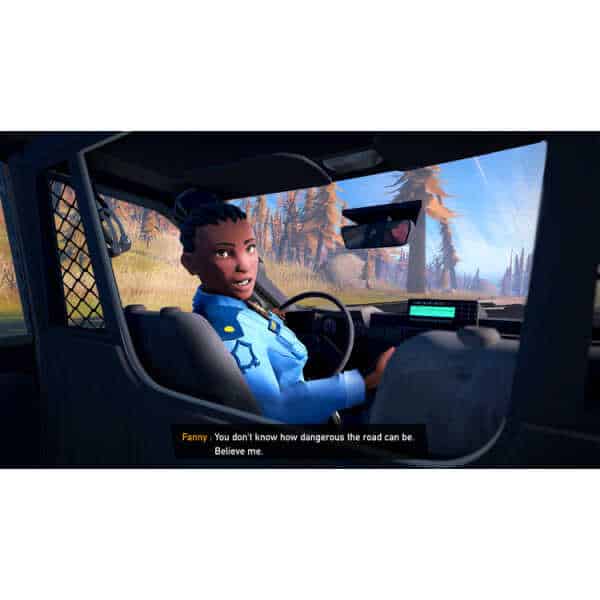 Female character driving a vehicle in Road 96 game scene.