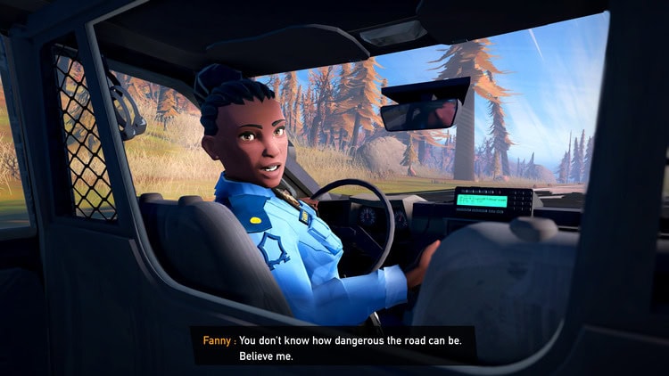 Female character driving a vehicle in Road 96 game scene.