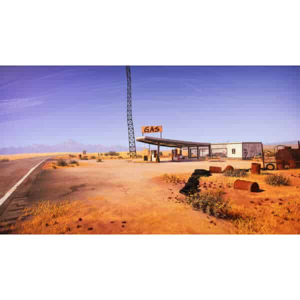 Gas station along a deserted road in the game Road 96, set in a vast desert landscape.