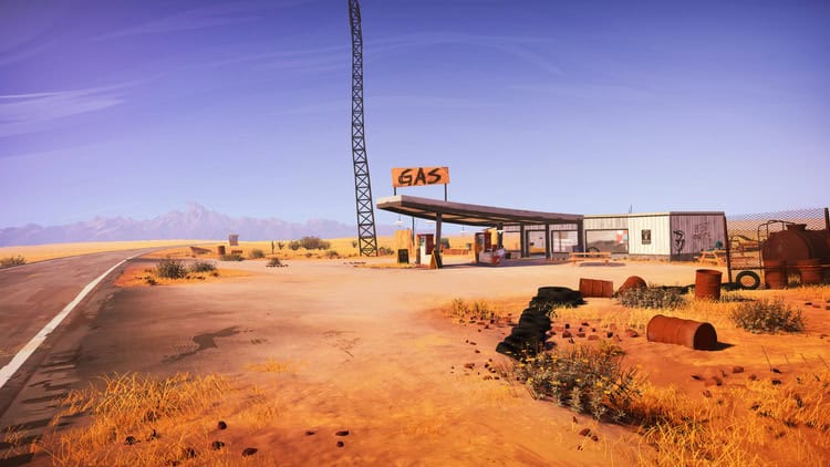 Gas station along a deserted road in the game Road 96, set in a vast desert landscape.