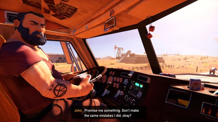 Character driving truck in desert landscape from Road 96 game.