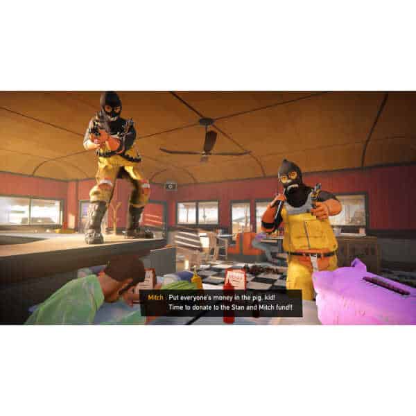 Two masked characters in a vibrant room with a child and a yellow bag.