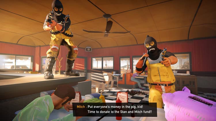 Two masked characters in a vibrant room with a child and a yellow bag.