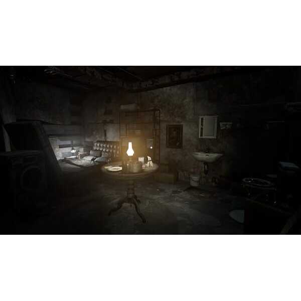 Dark, eerie room with dim lighting and vintage furniture, creating a mysterious atmosphere for the g.