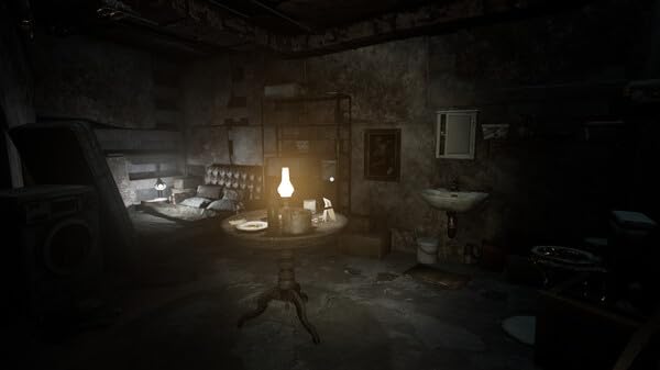 Dark, eerie room with dim lighting and vintage furniture, creating a mysterious atmosphere for the g.