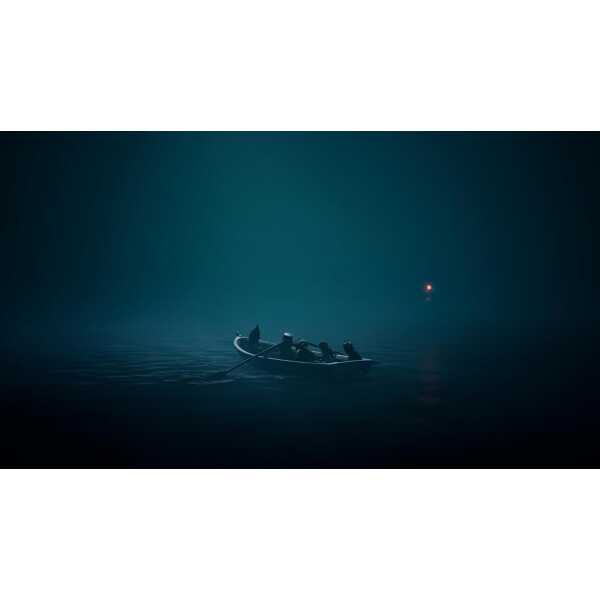 Night scene with a boat on calm water under a dark sky with a distant light.