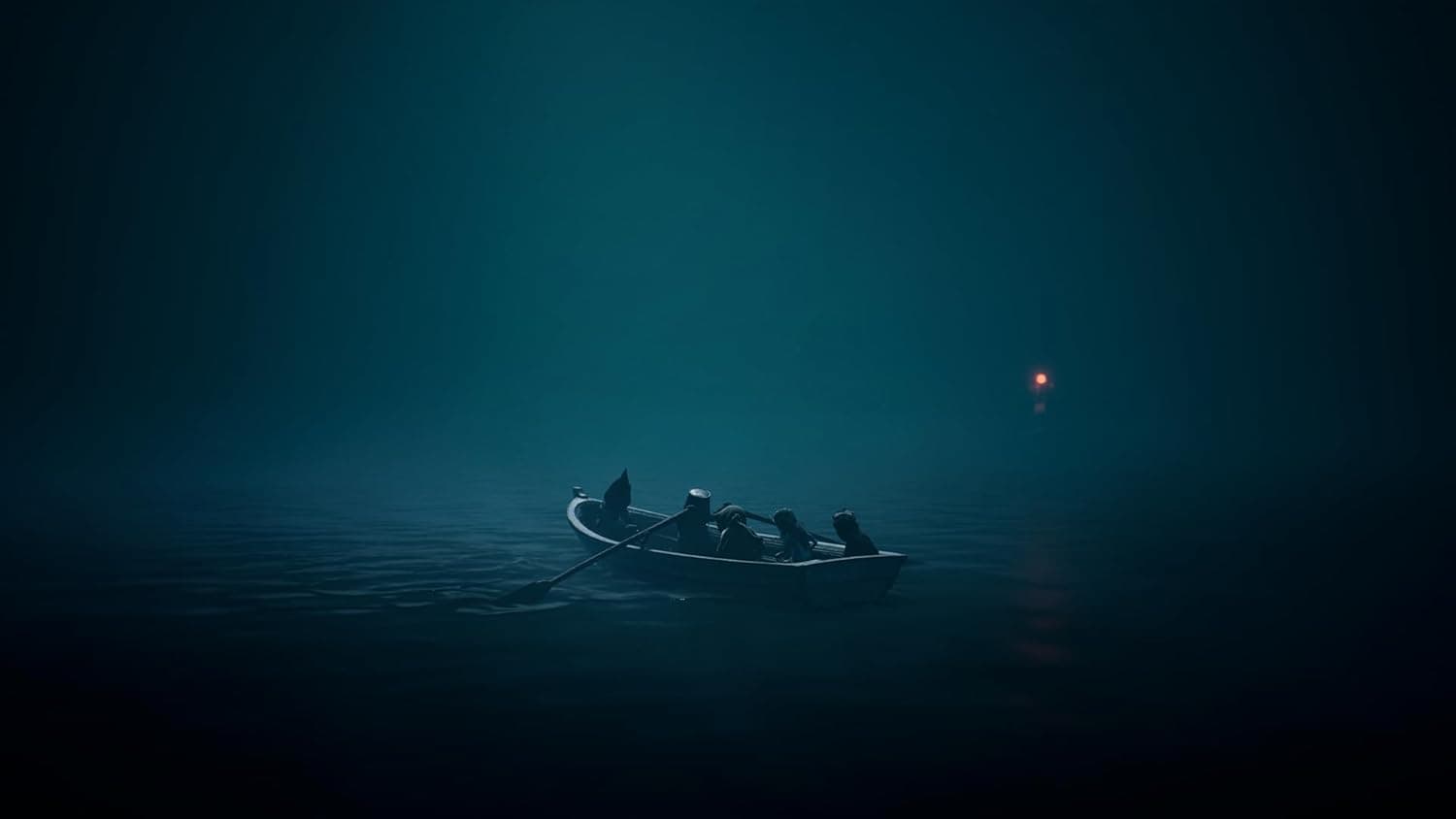Night scene with a boat on calm water under a dark sky with a distant light.