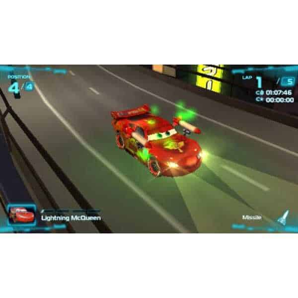 Lightning McQueen racing in a colorful video game race track with green laser effects.