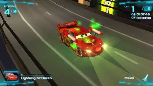 Lightning McQueen racing in a colorful video game race track with green laser effects.