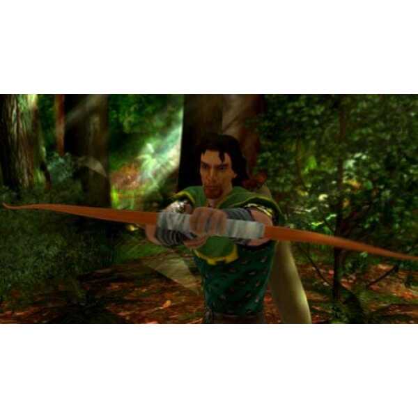 Robin Hood character aiming a bow in a forest setting from the game Robin Hood Defender of the Crown.
