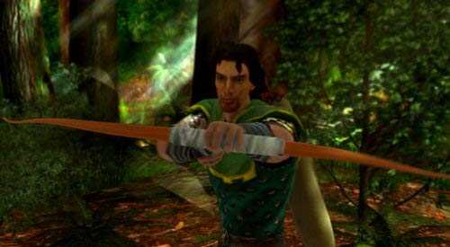 Robin Hood character aiming a bow in a forest setting from the game Robin Hood Defender of the Crown.