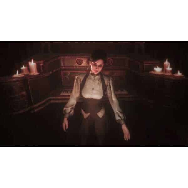 A woman standing in a dimly lit room with candles and vintage furniture, creating a mysterious and a.