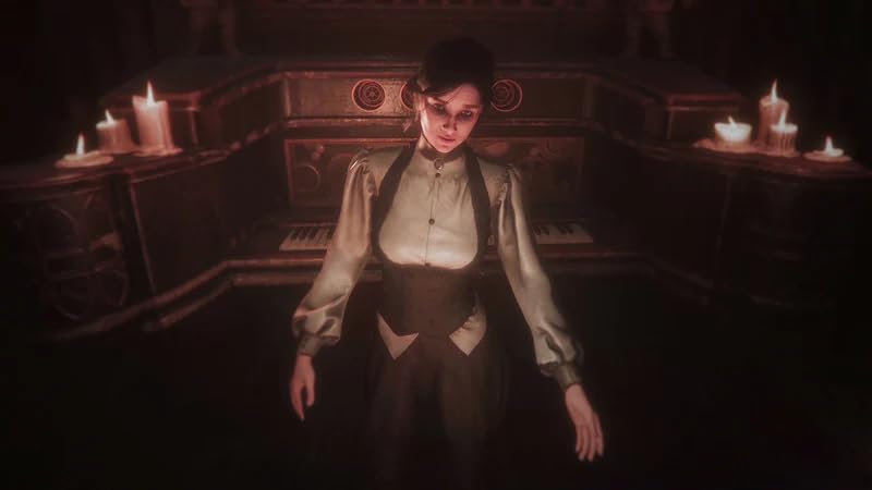 A woman standing in a dimly lit room with candles and vintage furniture, creating a mysterious and a.