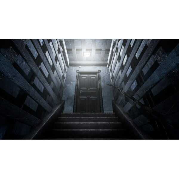 Dark stairway leading to a mysterious door in a dimly lit building.