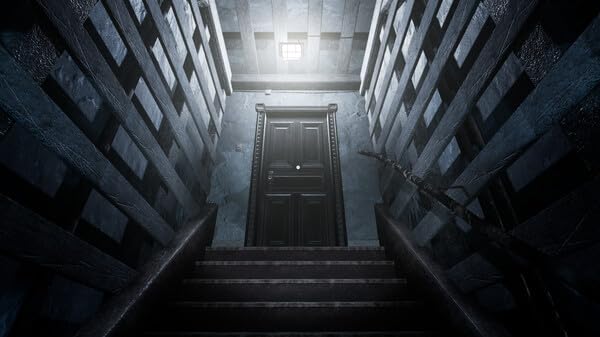 Dark stairway leading to a mysterious door in a dimly lit building.