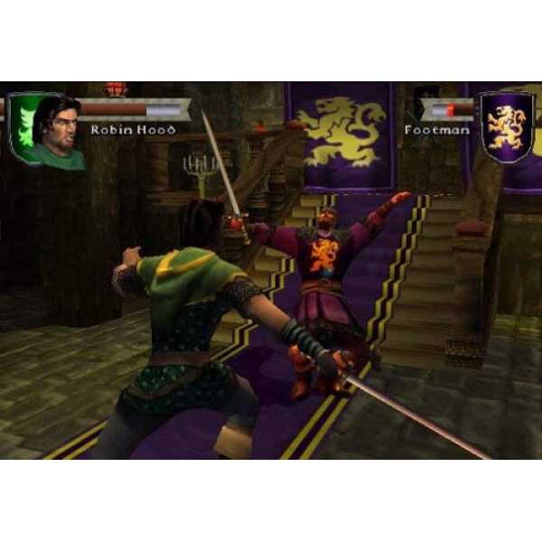 Robin Hood and Footman engaged in combat in a medieval castle setting.