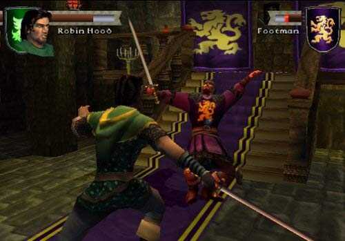 Robin Hood and Footman engaged in combat in a medieval castle setting.