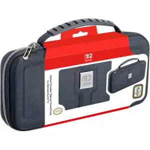 Durable Nintendo Switch travel case with handle and storage for accessories.