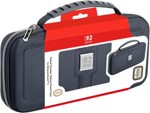 Durable Nintendo Switch travel case with handle and storage for accessories.